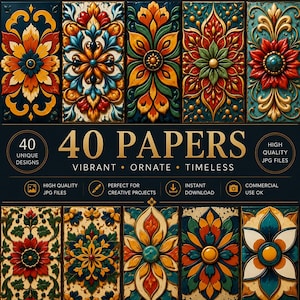 May include: A digital collection of 40 papers featuring ornate floral patterns in vibrant colors like red, orange, yellow, blue, and green. The text reads 40 PAPERS, VIBRANT ORNATE TIMELESS, HIGH QUALITY JPG FILES, PERFECT FOR CREATIVE PROJECTS, INSTANT DOWNLOAD, COMMERCIAL USE OK.