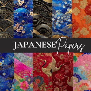 Peut inclure: Une collection de papiers sur le thème japonais avec divers motifs. Les papiers présentent des motifs de vagues, de fleurs et de grues dans des couleurs comme le bleu, l'or, le rouge et le rose. Le texte "JAPANESE Papers" est affiché.