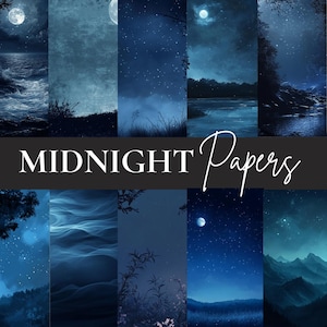 May include: A collage of 10 digital papers featuring a midnight blue color scheme with various starry night sky scenes, including moons, clouds, and mountains.