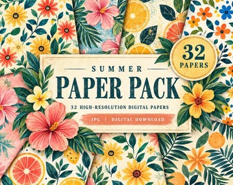 Summer Digital Paper Set: Tropical, Floral, Beach (JPGs)
