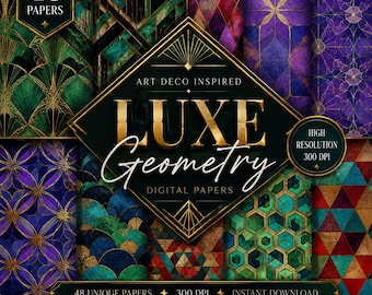 May include: A collection of 48 digital papers featuring geometric patterns in shades of green, purple, red, and teal with gold accents. The central text reads Art Deco Inspired Luxe Geometry Digital Papers, with labels for 48 Papers and 300 DPI.