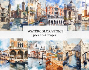 May include: A watercolor painting set of 48 images depicting various scenes of Venice, Italy. The images feature iconic landmarks like bridges, canals, and buildings, painted in a soft, romantic style.