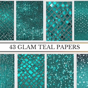 Teal Glitter Digital Paper: Glam Backgrounds, Commercial Use (Digital Download)