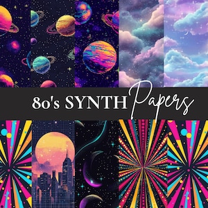 46 Synthwave 80s Digital Papers – Retro Futuristic Backgrounds, Neon Grid Textures, Vaporwave Aesthetic for Scrapbooking and Crafts