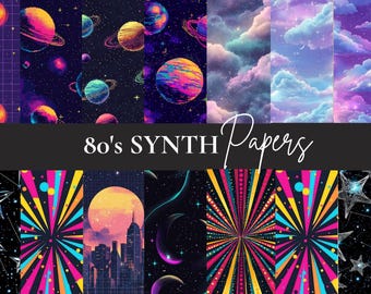 Pacchetto di carta digitale Synthwave anni '80: texture neon retro-futuristiche (download digitale)