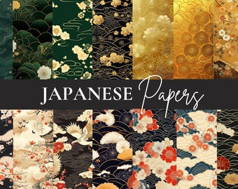 May include: A collection of Japanese-themed papers with various patterns. The designs include floral motifs, waves, and traditional Japanese art elements in colors like gold, red, and green. The text "JAPANESE Papers" is displayed across the image.