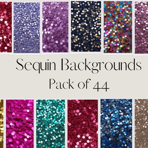 Puede incluir: Un paquete de 44 fondos de lentejuelas en varios colores, incluyendo rojo, morado, dorado, azul, rosa, turquesa y marrón. El texto "Sequin Backgrounds Pack of 44" está impreso debajo de las imágenes.