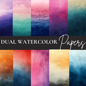 May include: A set of 16 digital watercolor papers in various color combinations. The papers feature a gradient effect with a darker color at the bottom and a lighter color at the top. The papers are perfect for creating backgrounds, textures, and other digital art.
