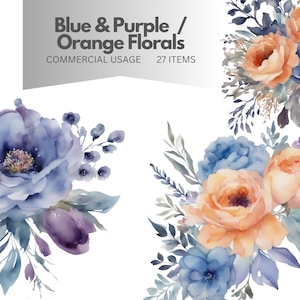16 Watercolor Flowers Clipart Set - Floral Blue and Purple Orange Clipart - 27 Elements