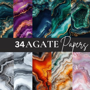 May include: A collection of 34 digital papers featuring agate patterns in various colours, including purple, blue, green, orange, and grey. The papers are perfect for creating backgrounds, textures, and patterns for digital projects.