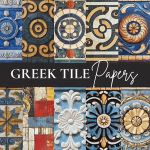 May include: A collection of 12 digital papers featuring colorful Greek tile designs. The tiles are a mix of blue, yellow, red, and white with intricate patterns.