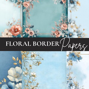 32 papiers numériques à bordure florale bleu marine | Cadres botaniques vintage, fleurs sombres élégantes, pages de scrapbooking aquarelle et de journal indésirable