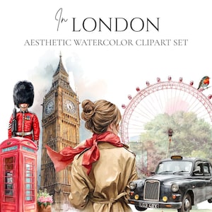 London Aesthetic Clipart Bundle – 70 UK Landmarks Watercolor PNGs, Digital Download, British Icons (Bus, Big Ben, Phone Box)