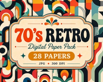 Paquete de papeles digitales retro de los años 70: Patrones hippies con motivos florales (Descarga digital)
