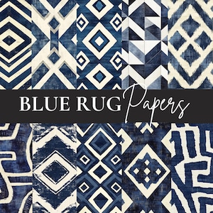 May include: A collection of blue and white patterned rug papers. The designs include geometric shapes such as diamonds, chevrons, and triangles. The text "BLUE RUG Papers" is displayed on a black banner across the image.