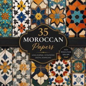 May include: A collection of 35 digital papers featuring intricate geometric and floral tile patterns in shades of blue, orange, yellow, and white. A black label in the centre displays the text 35 MOROCCAN Papers, JUNK JOURNAL, SCRAPBOOK, DIGITAL DOWNLOAD, and HIGH RESOLUTION 300 DPI.