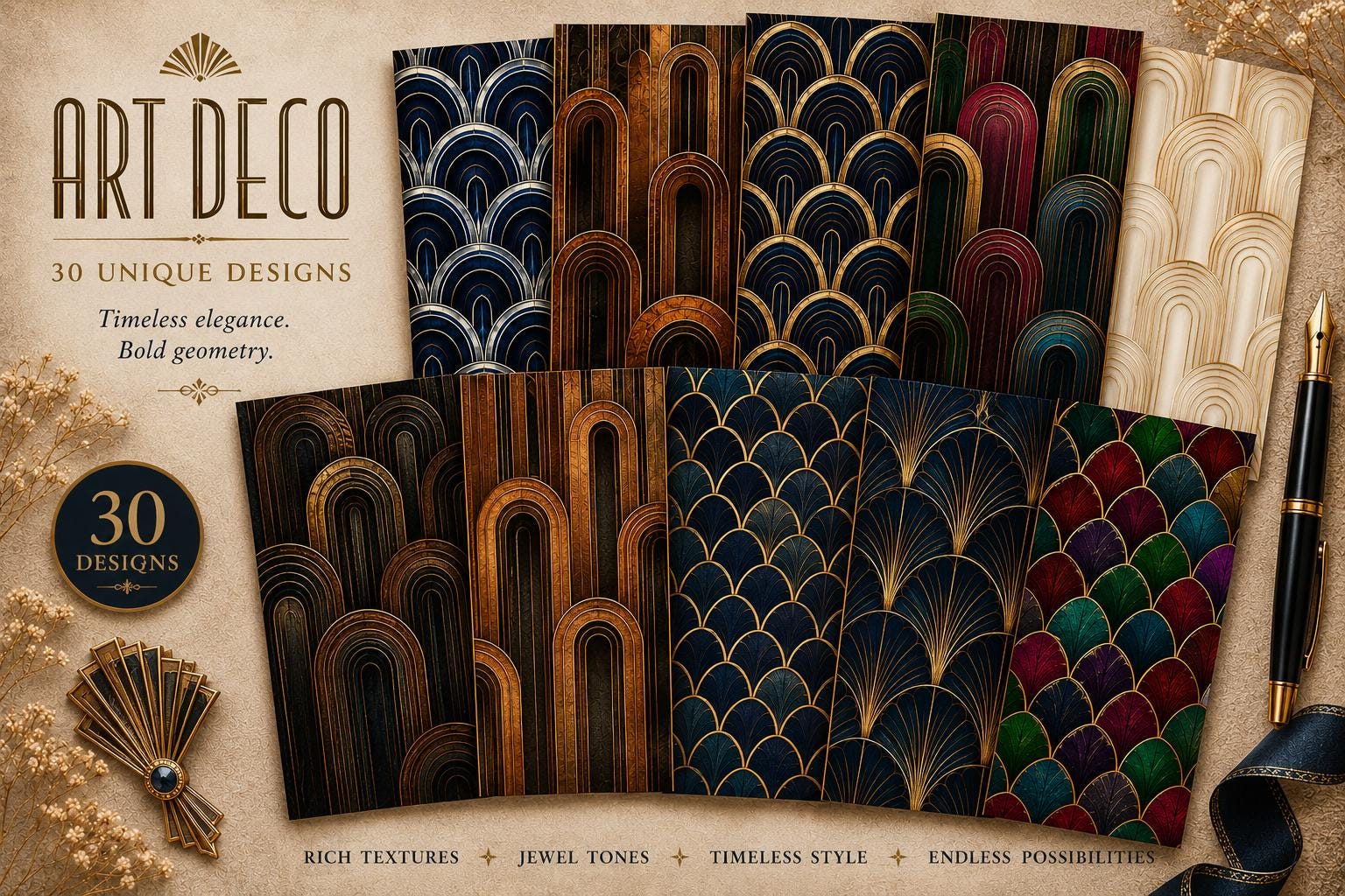 Art Deco Digital Paper Pack, Seamless Geometric Patterns, Luxury ...