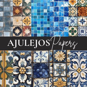 Puede incluir: Una colección de azulejos con patrones coloridos en azul, blanco, amarillo y verde. Los azulejos están dispuestos en una cuadrícula y presentan diseños florales y geométricos. El texto "AJULEJOS Papers" se muestra en la parte superior de la imagen.