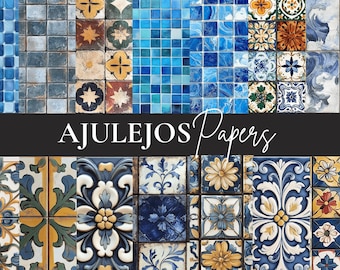 Zestaw papierów Azulejos Digital Paper – wzory płytek w kolorze niebieskim i białym (do pobrania cyfrowego)