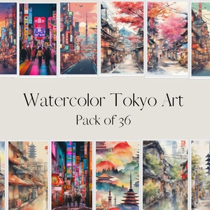 以下が含まれることがあります： 日本の東京の様々な風景を描いた水彩画36点のセットです。絵画には、象徴的なランドマーク、賑やかな通り、伝統的な建築物が描かれています。作品は、街のエネルギーと美しさを捉えた、鮮やかでカラフルなスタイルです。