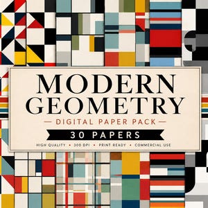 Pode incluir: Um pacote de papel digital com 30 folhas com designs geométricos modernos. Os padrões incluem formas e linhas coloridas em vermelho, amarelo, azul, preto e branco. O texto na imagem diz "MODERN GEOMETRY - DIGITAL PAPER PACK - 30 PAPERS".