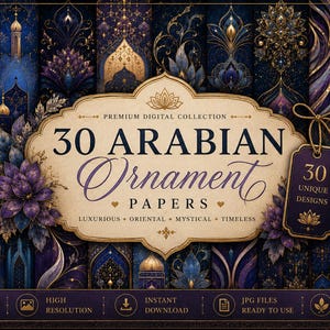 Puede incluir: Ilustración digital con 30 papeles de adorno árabes. El diseño presenta patrones intrincados en tonos azules, dorados y morados. La imagen incluye el texto "30 Arabian Ornament Papers" y "30 Unique Designs".