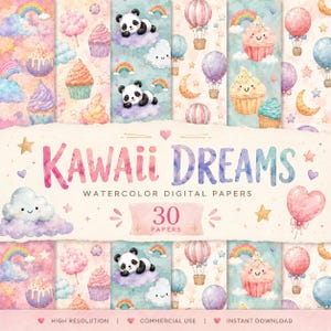 Pode incluir: Uma coleção de 30 papéis digitais intitulada Kawaii Dreams, apresentando ilustrações em aquarela de pandas em nuvens, balões de ar quente, cupcakes com rostos, arco-íris, estrelas e luas crescentes em tons pastel suaves.