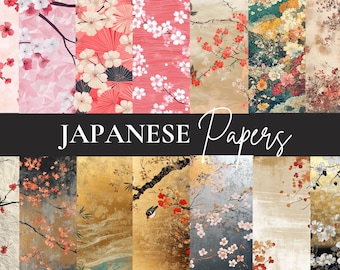 May include: A collage of 10 digital papers featuring Japanese-inspired floral patterns. The papers feature cherry blossoms, gold leaf, and traditional Japanese designs in shades of pink, red, gold, and white.