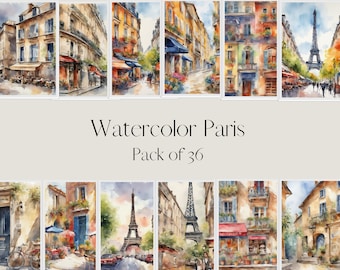 May include: A set of 36 watercolor paintings depicting scenes from Paris, France. The paintings feature iconic landmarks like the Eiffel Tower, charming cafes, and cobblestone streets. The paintings are in a variety of colors, including blue, green, yellow, and red.
