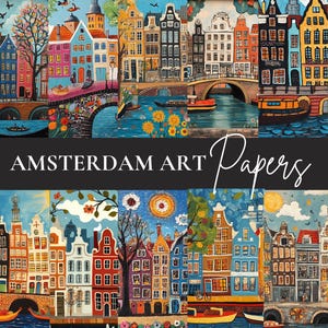 Paquete de papel digital de Ámsterdam: 29 patrones sin costuras / Arte holandés, casas en los canales, estética holandesa, álbumes de recortes, diario basura