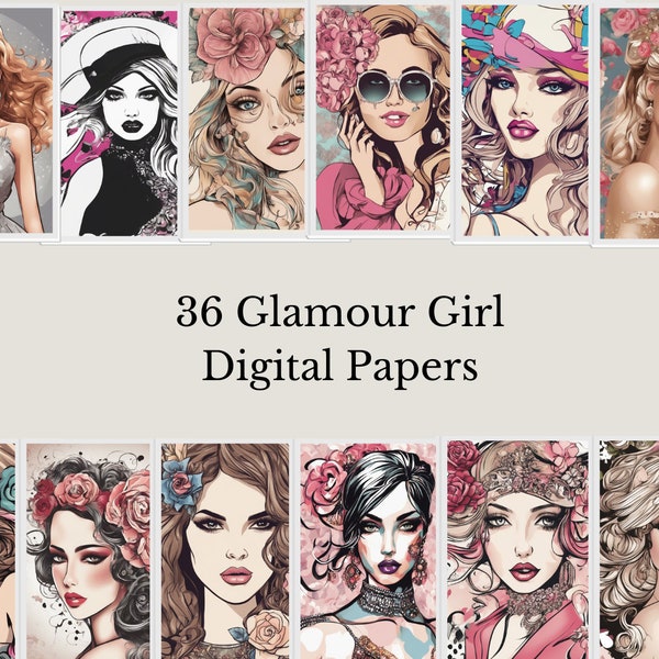 Fashion Girl Digital Paper - 36 Glamour Girl Images, Digital Paper, Instant Download Planners, Scrapbooking