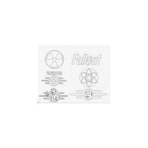 May include: Black and white line art illustrations of various Fallout video game logos, including the Vault-Tec logo, the Fallout logo, and the Pip-Boy logo.