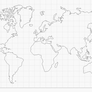 Puede incluir: Un contorno en blanco y negro del mapa del mundo sobre un fondo de cuadrícula blanca.