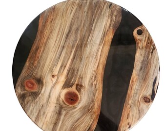 Live Edge Wood Epoxy Resin End Table | Hand-Turned Pedestal, Black River Functional Art