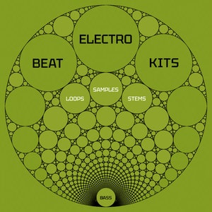 Puede incluir: Un fondo verde con un círculo en el centro. El círculo está formado por círculos más pequeños, con las palabras "BASS" en la parte inferior, "LOOPS", "SAMPLES", "STEMS" en el centro, y "BEAT", "ELECTRO" y "KITS" alrededor del exterior.