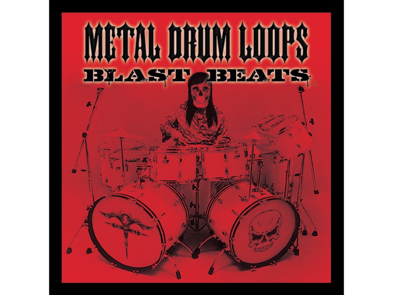May include: A red album cover with the text "METAL DRUM LOOPS BLAST BEATS" in black. A skeleton drummer is playing a drum set with a skull design on the bass drum.