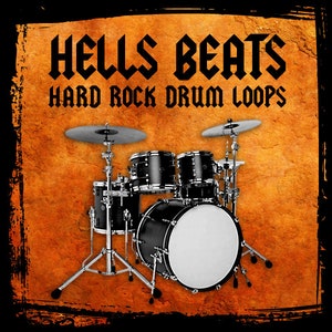 Puede incluir: Una batería negra con un bombo blanco, platillos y un fondo naranja de estilo grunge. El texto "HELLS BEATS HARD ROCK DRUM LOOPS" está escrito en letras negras.