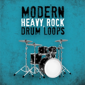Puede incluir: Una batería negra con un bombo blanco sobre un fondo azul. El texto "MODERN HEAVY ROCK DRUM LOOPS" está escrito en negro y blanco sobre la batería.