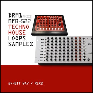 May include: A red and black drum machine with the text "DRM1 MKIII MFB-522" and a silver drum machine with the text "DRM1" on it. The text "TECHNO HOUSE LOOPS SAMPLES" is in black text on a white background. The text "24-BIT WAV / REX2" is in white text on a red background.
