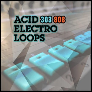 Könnte beinhalten: Nahaufnahme eines Musikproduktions-Pults mit dem Text "ACID 303 808 ELECTRO LOOPS" in Schwarz und Orange auf grauem Hintergrund.