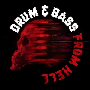 May include: A red and black graphic design with a skull and the text "Drum & Bass From The 777" in a circle.