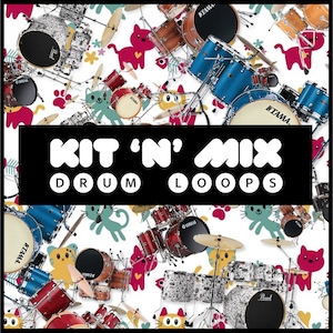 Pode incluir: Uma ilustração colorida de um conjunto de bateria com uma faixa preta que diz "KIT 'N' MIX DRUM LOOPS". A ilustração apresenta uma variedade de marcas de bateria, incluindo Yamaha, Tama e Pearl.