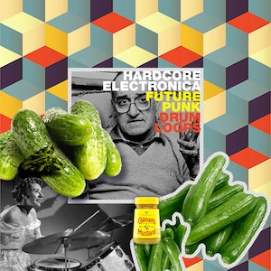 Könnte beinhalten: Eine Collage aus Bildern mit einem Schwarzweißfoto eines Mannes mit Brille, einem Glas gelbem Senf und einer Gruppe grüner Gurken. Der Text "HARDCORE ELECTRONICA FUTURE PUNK DRUM LOOPS" ist in schwarzen und gelben Buchstaben auf weißem Hintergrund geschrieben.