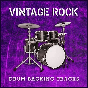 Puede incluir: Una batería de rock vintage con un fondo morado. El texto "Vintage Rock Drum Backing Tracks" está en la parte inferior de la imagen.