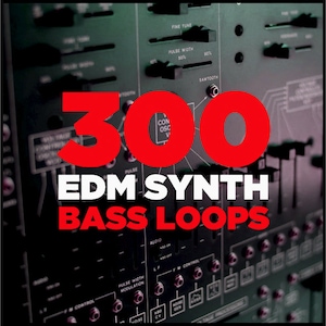 May include: A red graphic on a black background with the text "300 EDM SYNTH BASS LOOPS". The graphic is overlaid on a close-up of a vintage synthesizer.