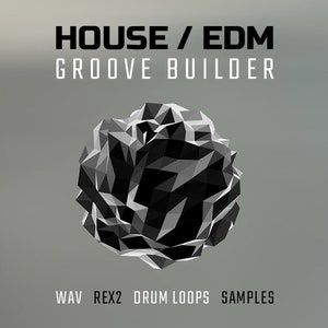 Könnte beinhalten: Ein abstraktes geometrisches Design in Schwarzweiß mit dem Text "HOUSE / EDM GROOVE BUILDER" darüber und "WAV REX2 DRUM LOOPS SAMPLES" darunter.