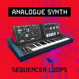 Puede incluir: Un sintetizador analógico negro con una base azul y un teclado. El sintetizador tiene una variedad de botones y perillas. El texto "ANALOGUE SYNTH SEQUENCER LOOPS" se muestra en un fondo rojo.