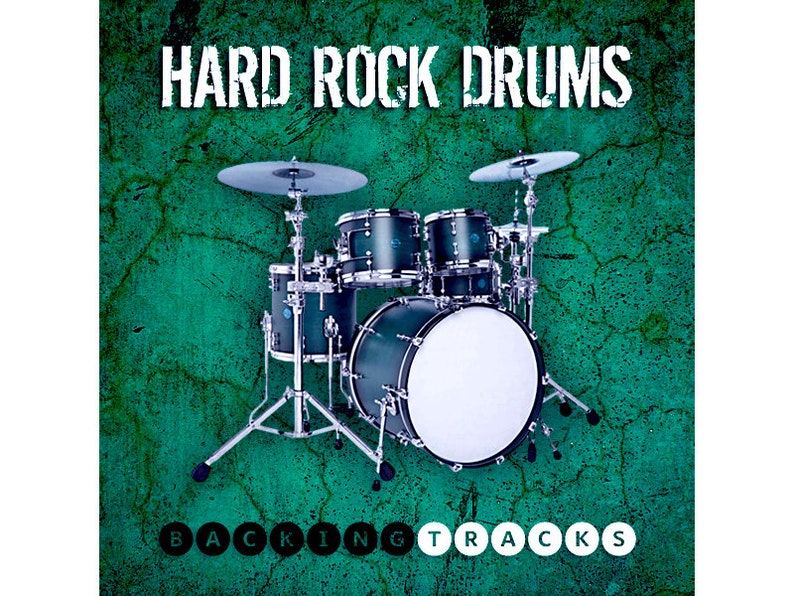 May include: A drum kit with a green finish, including a bass drum, snare drum, and two toms. The drums are set up on a stand with cymbals above. The background is a green textured surface with the text "HARD ROCK DRUMS" and "BACKING TRACKS".