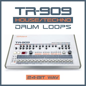 May include: A white Roland TR-909 drum machine with black buttons and knobs. The text "TR-909" and "RHYTHM COMPOSER" is printed on the front of the machine. The text "HOUSE/TECHNO DRUM LOOPS" and "24-BIT WAV" is printed in orange on a gray background.