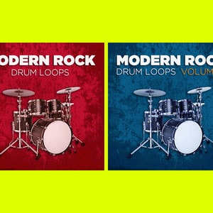 Può includere: Due copertine di album con un set di batteria su ciascuna. La copertina a sinistra è rossa con il testo "MODERN ROCK DRUM LOOPS". La copertina a destra è blu con il testo "MODERN ROCK DRUM LOOPS VOLUME 2".